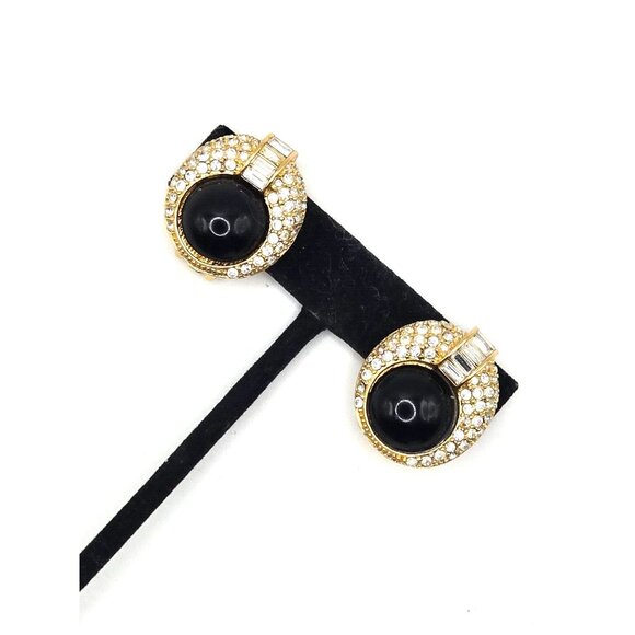 DIOR signed Rhinestone Baguette, Pave, Black Enamel Gold Plated Clip Earrings - Picture 5 of 5